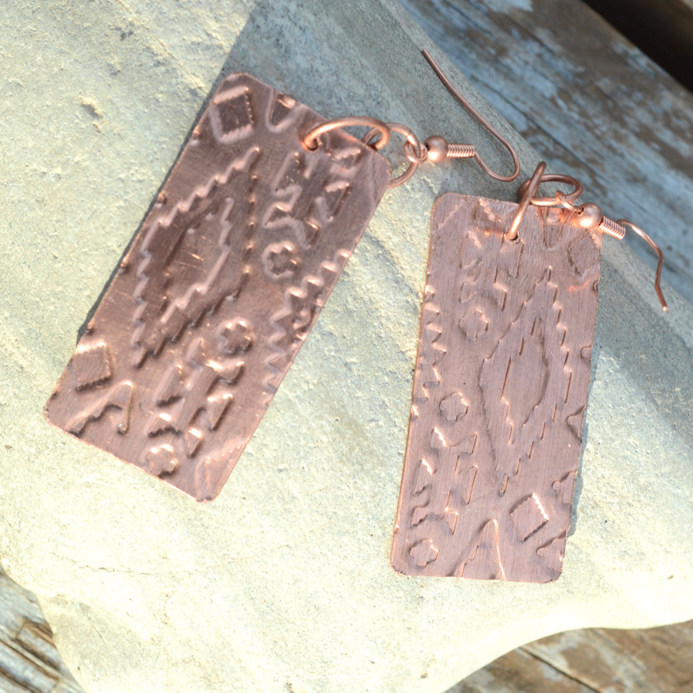 Solid Copper Earrings Boho Tribal Handmade Embossed Southwestern Western Aztec - Picture 5 of 6